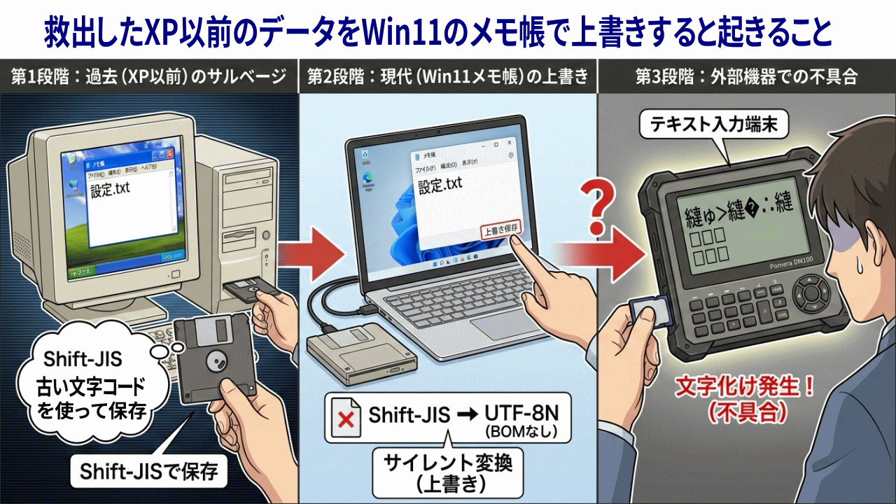 危険なWin11メモ帳での上書き