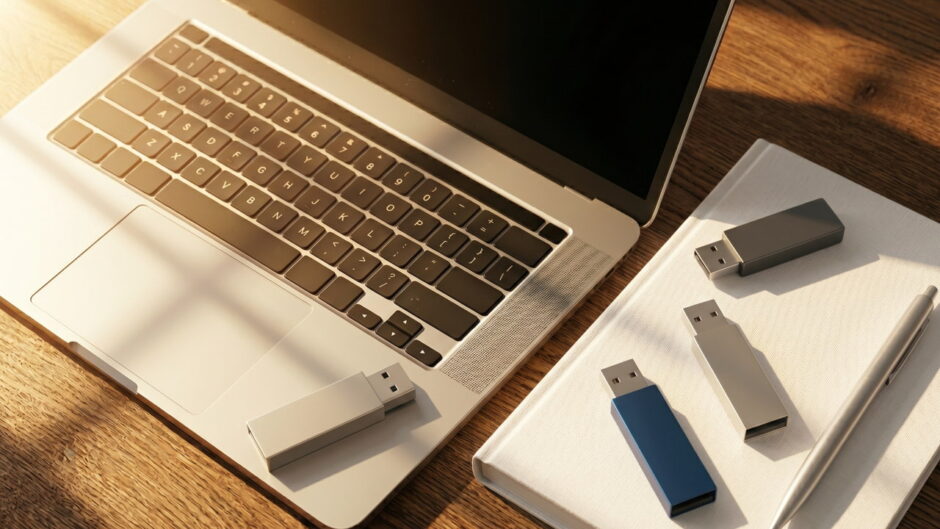 朝日が差し込むデスクに整頓されたノートPCとUSBメモリ