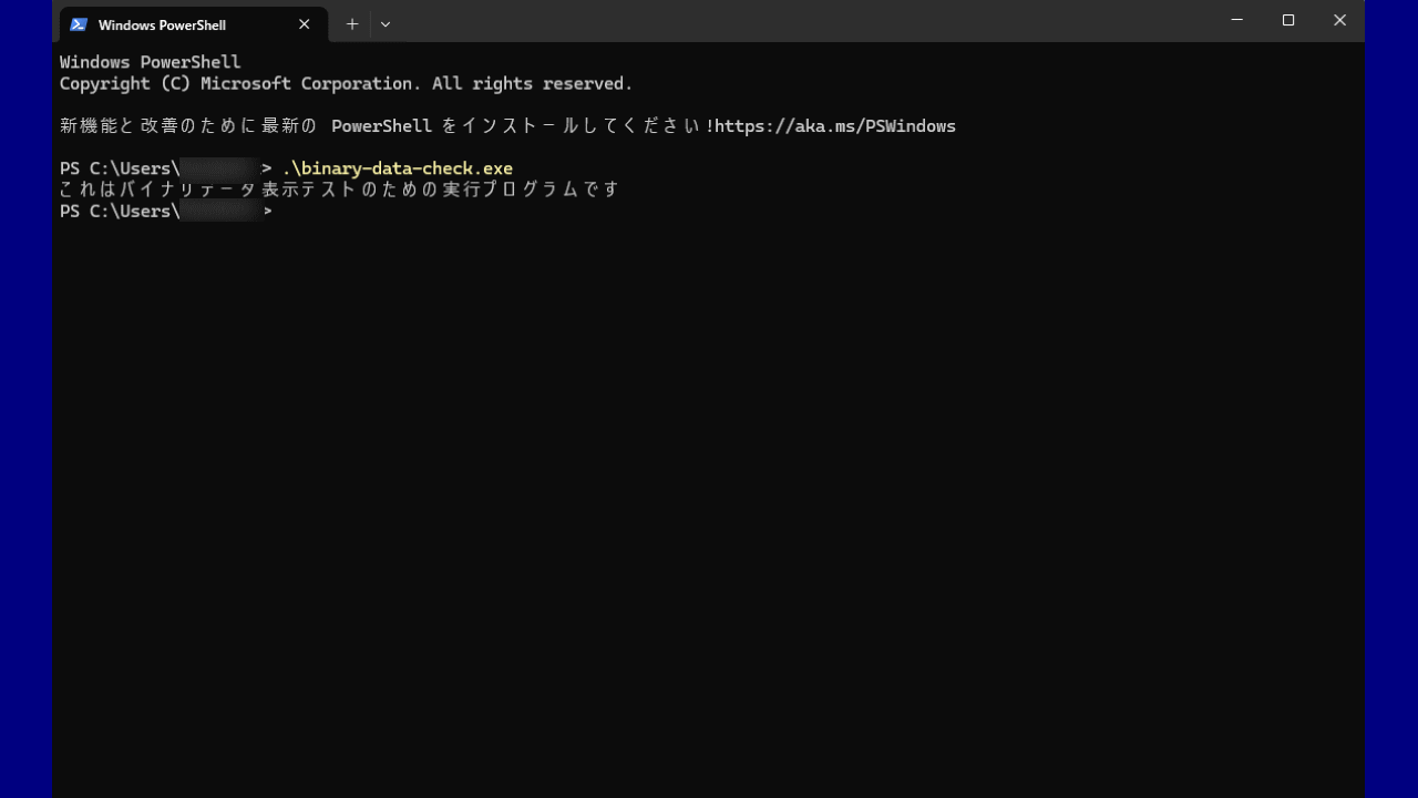 PowerShellでbinary-data-check.exeを実行。プログラムによりメッセージが表示された様子。