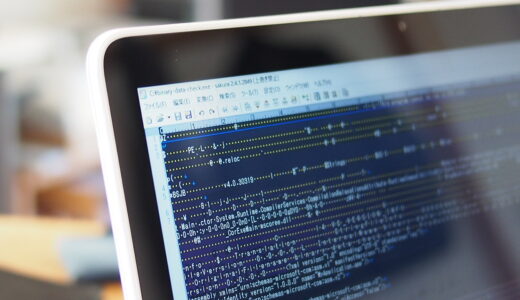 EXEファイルをSakuraエディタで開いたバイナリデータ表示画面。MZやPE、文字化けしたデータが並ぶ実行ファイル内部の様子